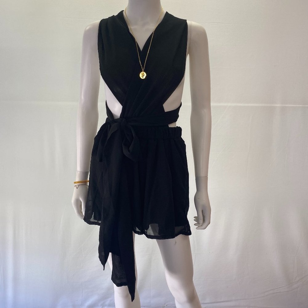 Chloe’s Black Wrap Romper Medium Cross Back Sleeveless Playsuit